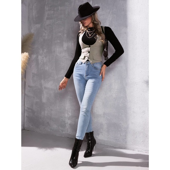 Unity 1pc Plaid Print Flap Detail Vest Blazer - Picture 7 of 11